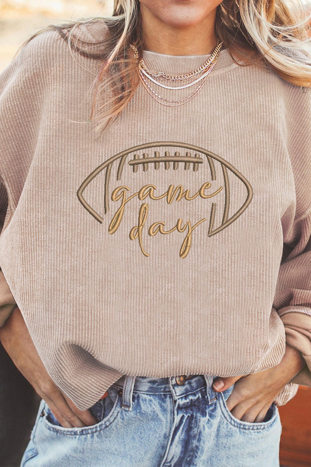 Apricot Football Graphic Drop Shoulder Game Day Corded Sweatshirt - MAD RUFFI