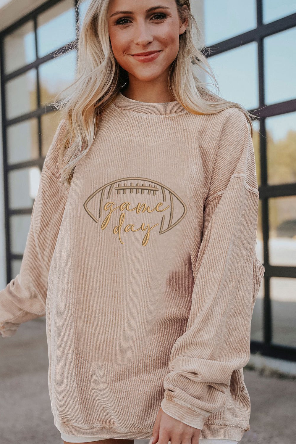 Apricot Football Graphic Drop Shoulder Game Day Corded Sweatshirt - MAD RUFFI