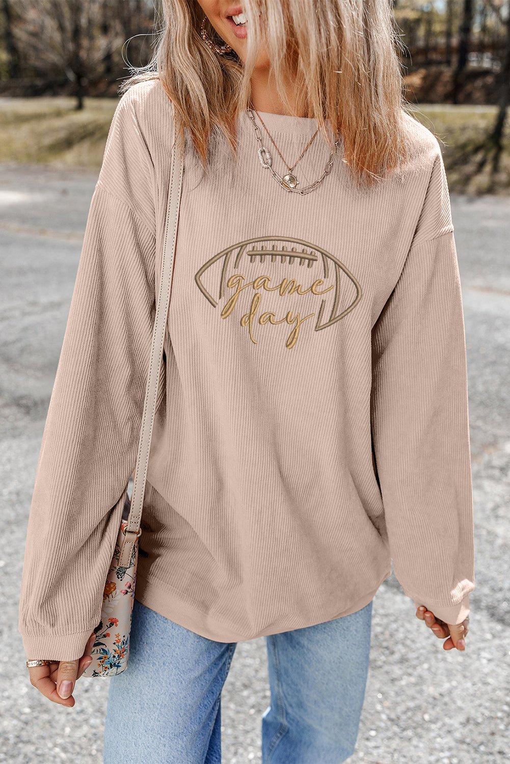 Apricot Football Graphic Drop Shoulder Game Day Corded Sweatshirt - MAD RUFFI