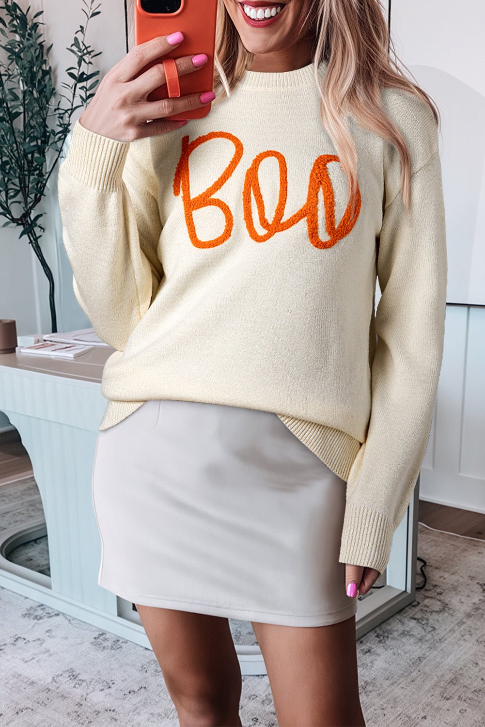 Apricot Halloween Boo Drop Shoulder Knit Sweater - MAD RUFFI