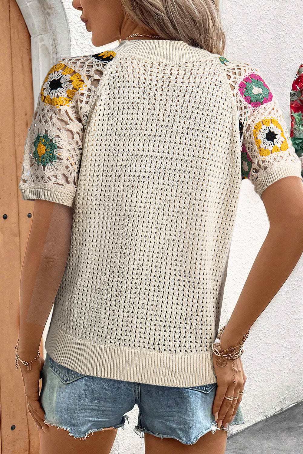 Apricot Hollow Out Floral Crochet Short Sleeve Crewneck Sweater - MAD RUFFI