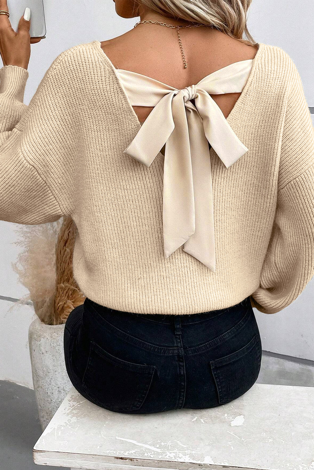 Apricot Lantern Sleeve V Neck Knot Back Sweater - MAD RUFFI