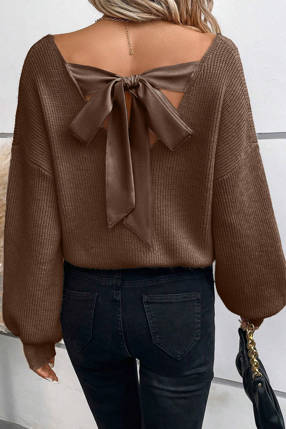 Apricot Lantern Sleeve V Neck Knot Back Sweater - MAD RUFFI