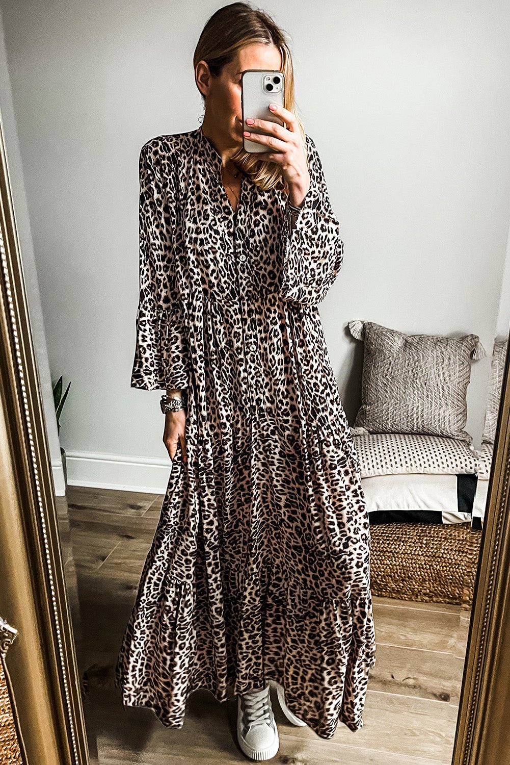 Apricot Leopard Print Tiered Wide Sleeve Maxi Dress - MAD RUFFI