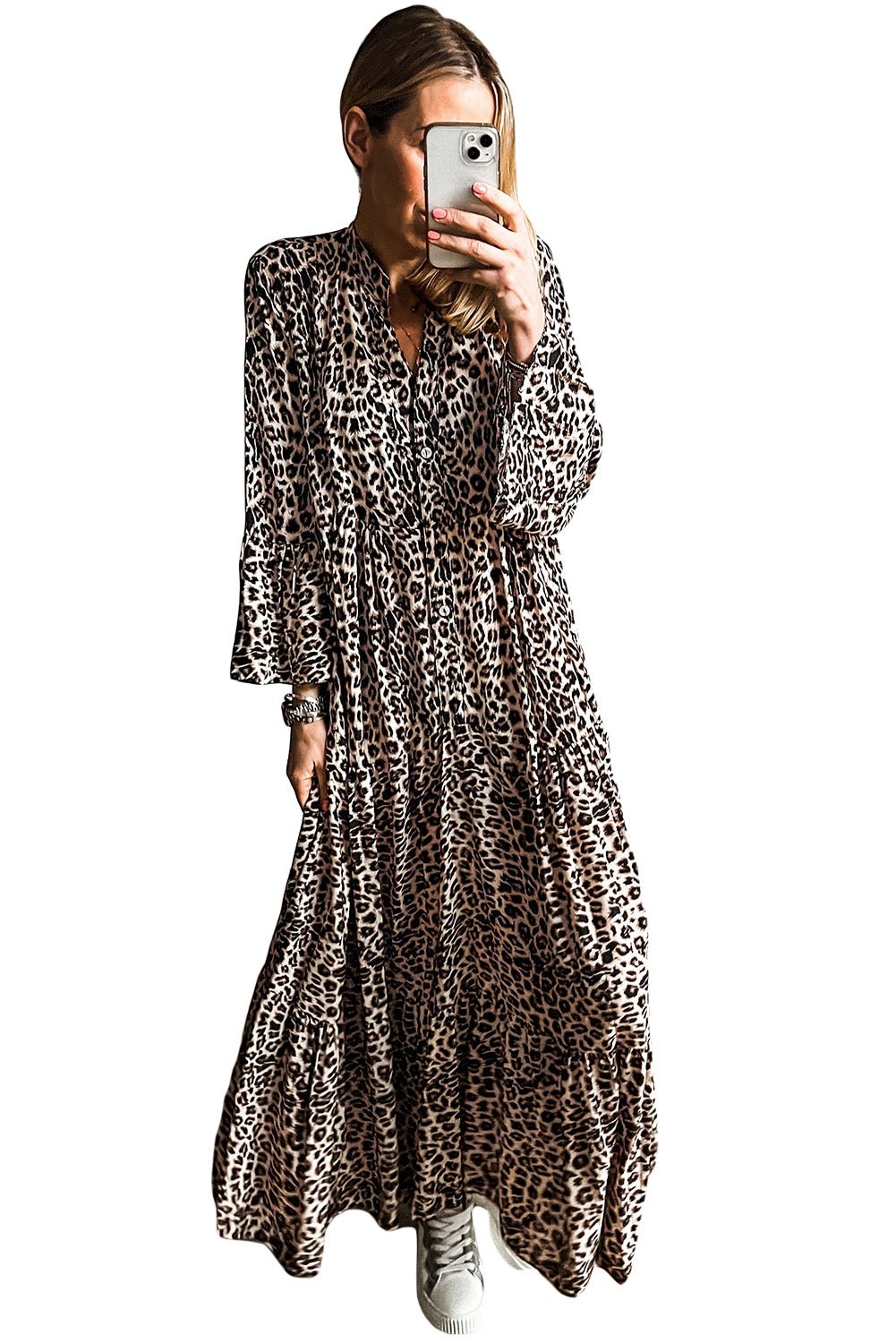 Apricot Leopard Print Tiered Wide Sleeve Maxi Dress - MAD RUFFI
