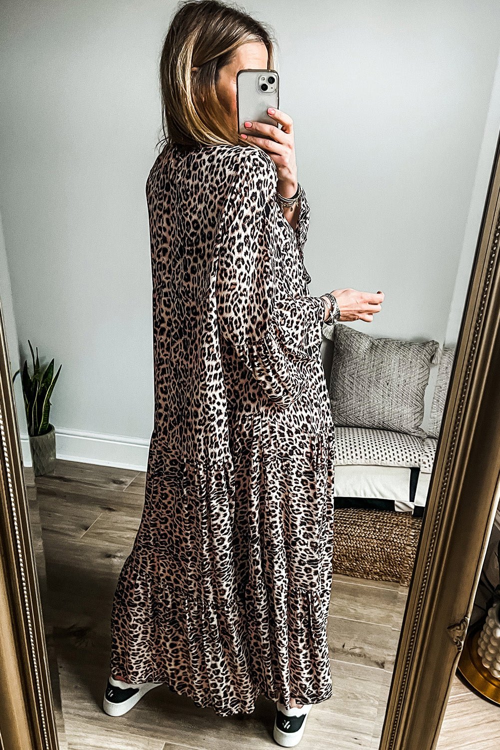 Apricot Leopard Print Tiered Wide Sleeve Maxi Dress - MAD RUFFI