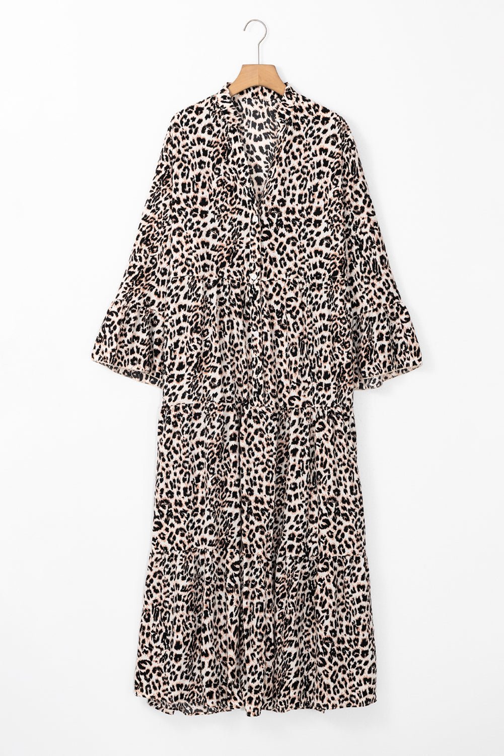 Apricot Leopard Print Tiered Wide Sleeve Maxi Dress - MAD RUFFI