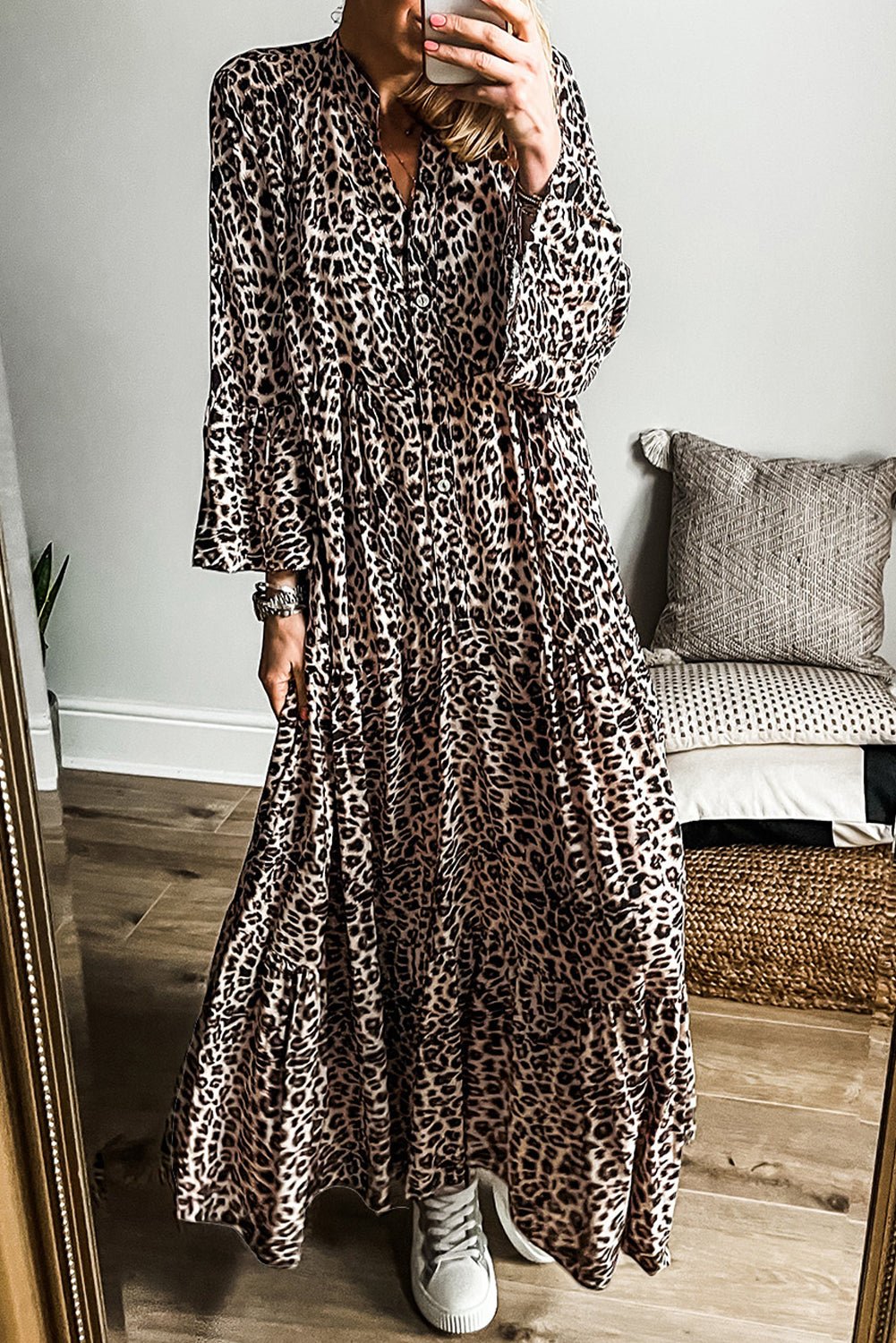 Apricot Leopard Print Tiered Wide Sleeve Maxi Dress - MAD RUFFI