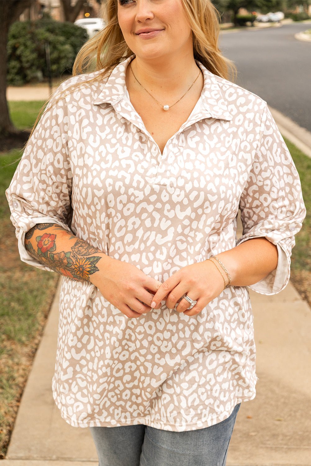 Apricot Leopard Tab Sleeve V Neck Plus Size Top - MAD RUFFI