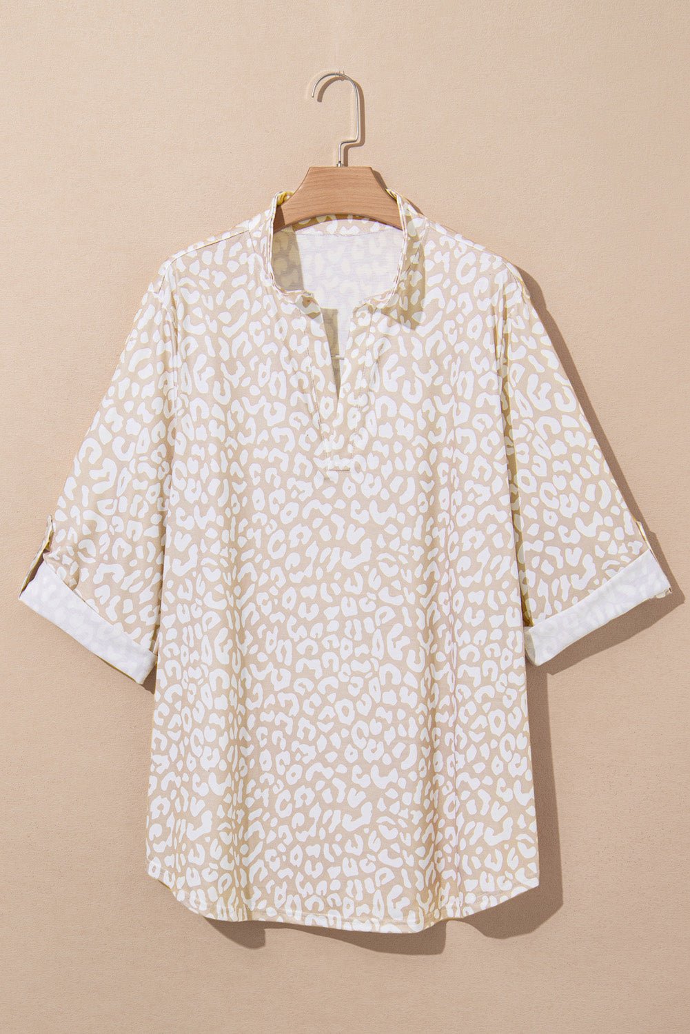 Apricot Leopard Tab Sleeve V Neck Plus Size Top - MAD RUFFI