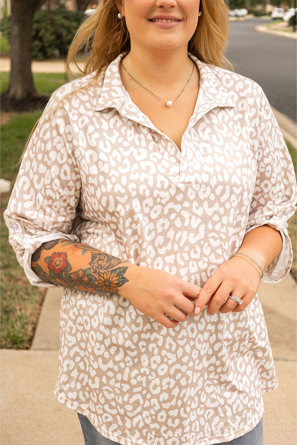 Apricot Leopard Tab Sleeve V Neck Plus Size Top - MAD RUFFI