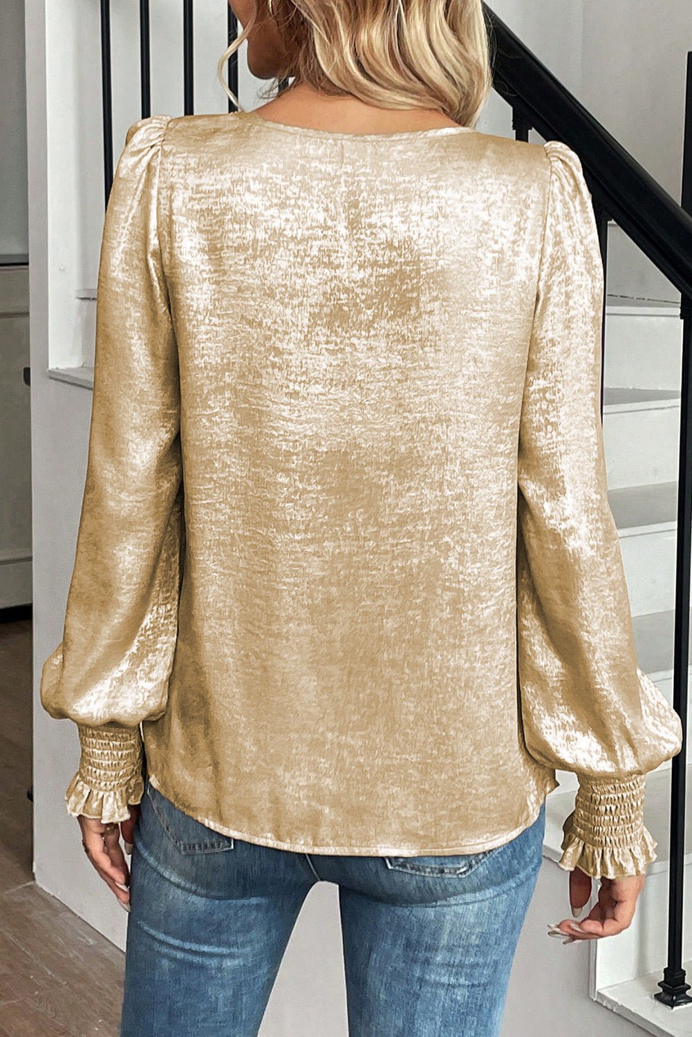 Apricot Metallic Round Neck Smocked Puff Sleeve Blouse - MAD RUFFI