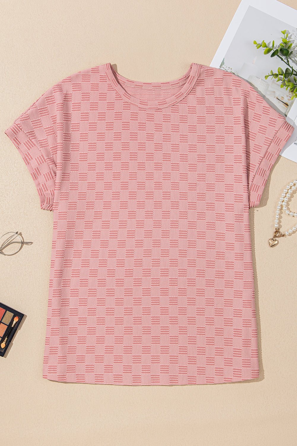 Apricot Pink Checkered Textured Round Neck T-shirt - MAD RUFFI