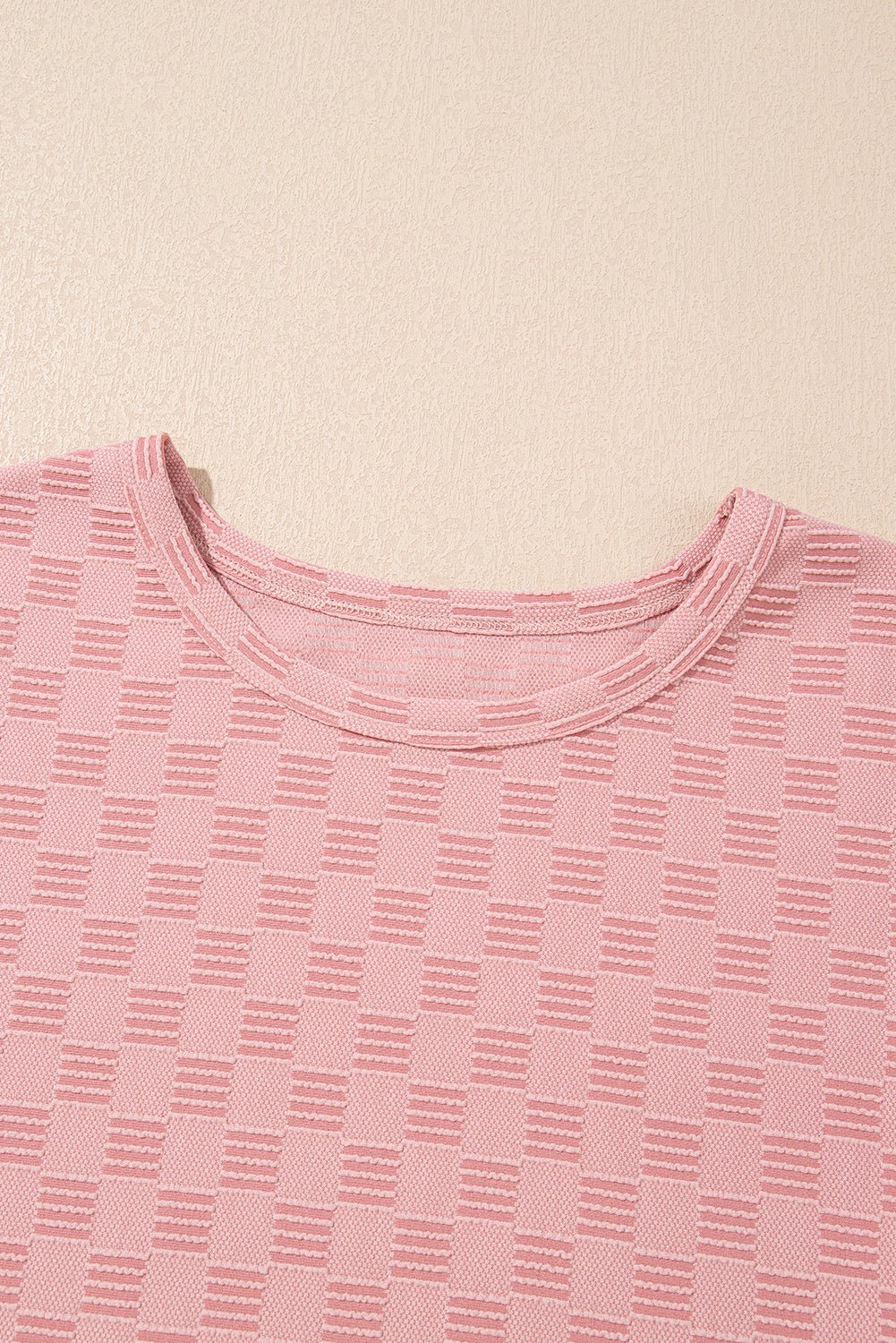 Apricot Pink Checkered Textured Round Neck T-shirt - MAD RUFFI