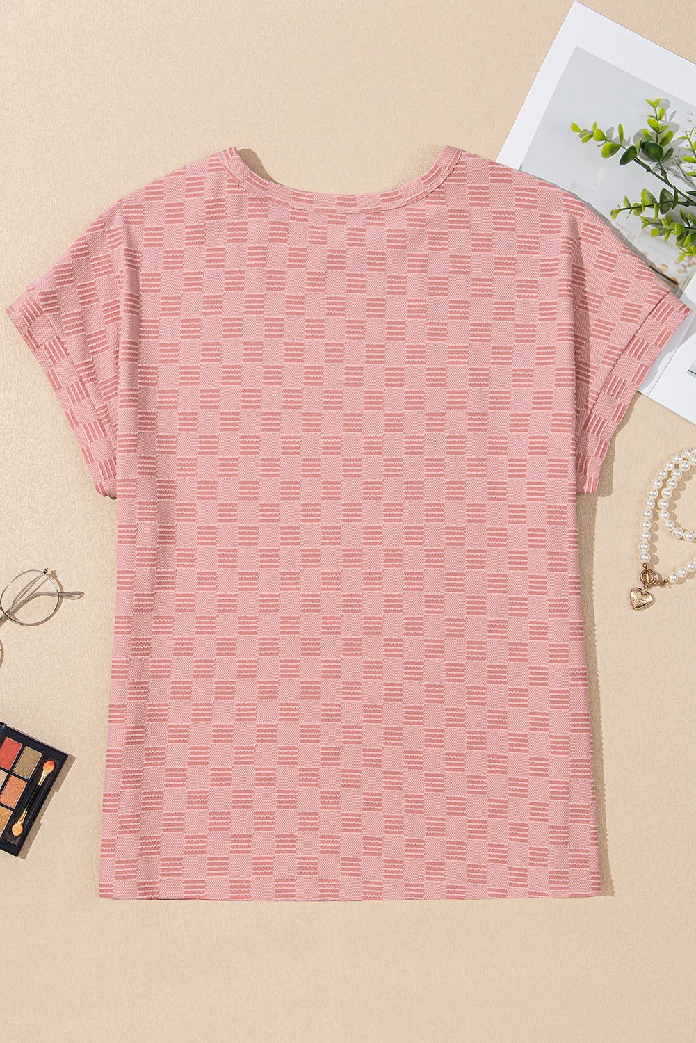 Apricot Pink Checkered Textured Round Neck T-shirt - MAD RUFFI