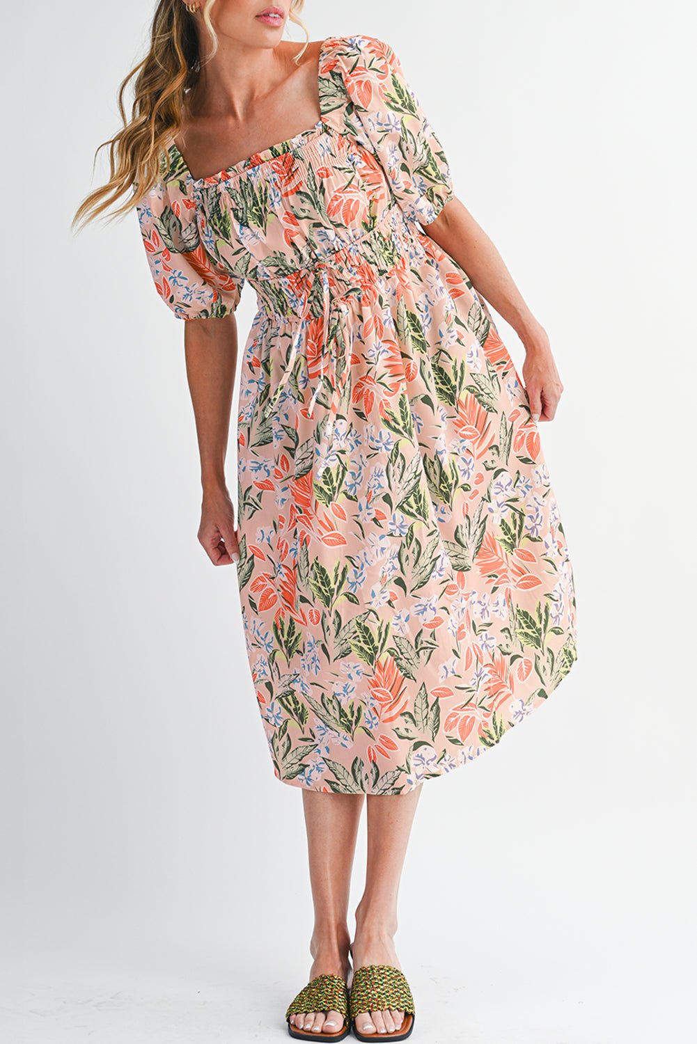 Apricot Pink Floral Knot Front Smocked Bubble Sleeve Dress - MAD RUFFI