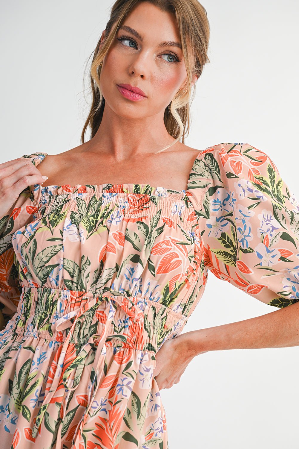 Apricot Pink Floral Knot Front Smocked Bubble Sleeve Dress - MAD RUFFI