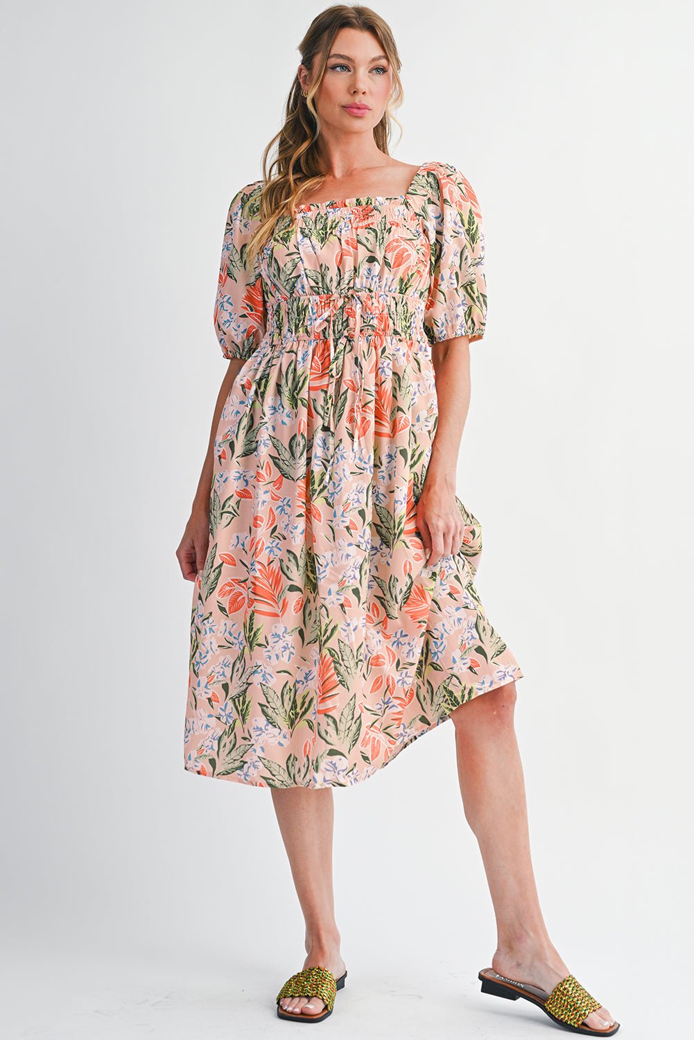 Apricot Pink Floral Knot Front Smocked Bubble Sleeve Dress - MAD RUFFI