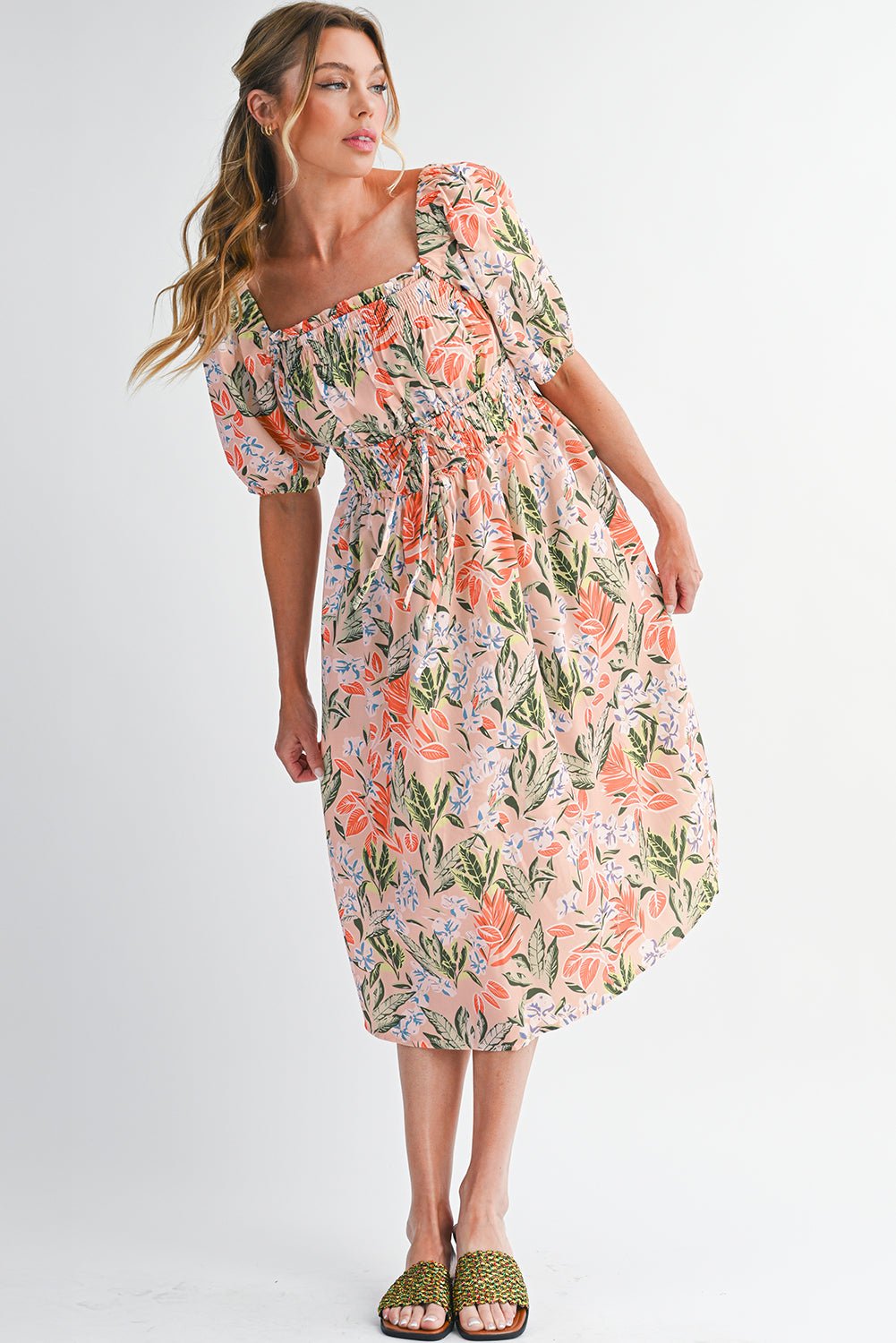 Apricot Pink Floral Knot Front Smocked Bubble Sleeve Dress - MAD RUFFI