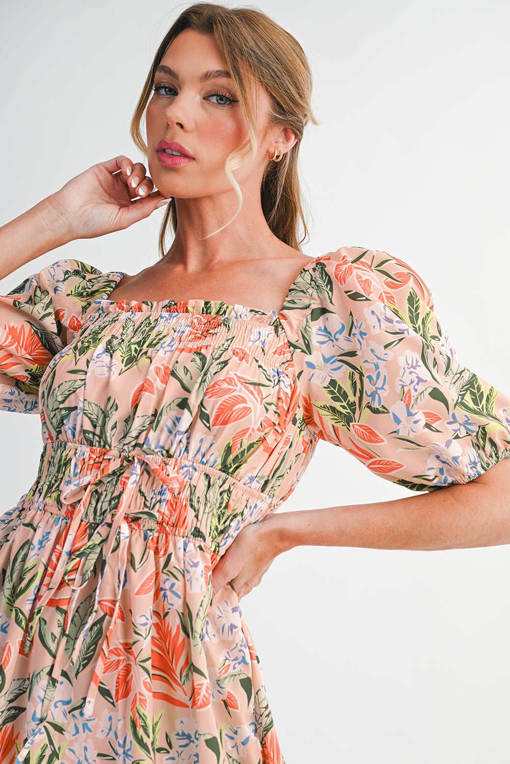 Apricot Pink Floral Knot Front Smocked Bubble Sleeve Dress - MAD RUFFI