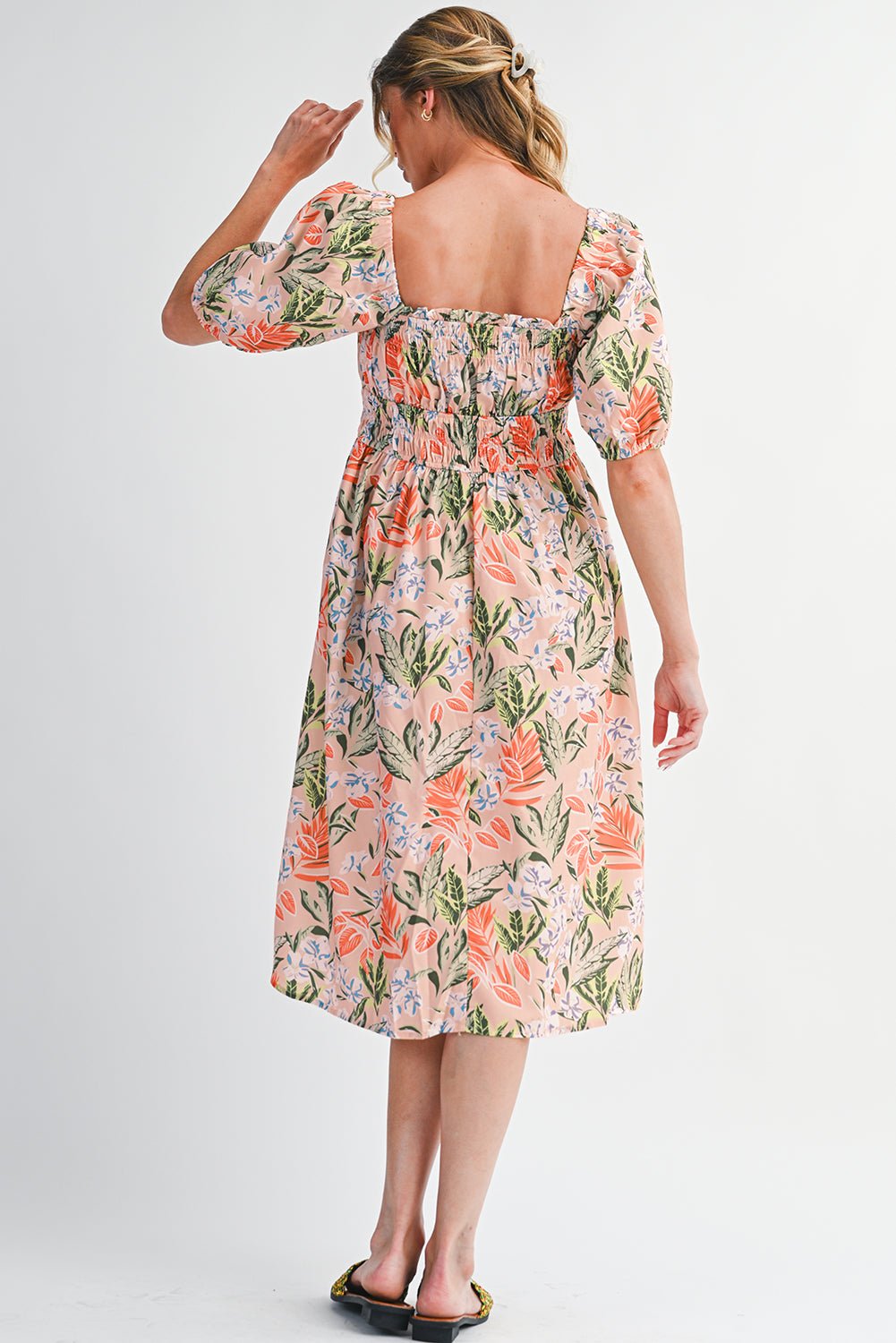 Apricot Pink Floral Knot Front Smocked Bubble Sleeve Dress - MAD RUFFI