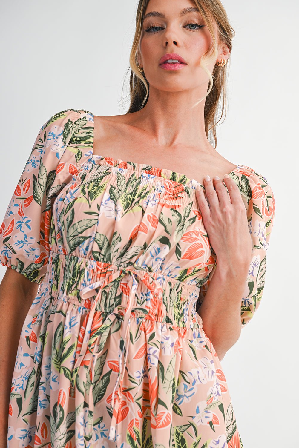 Apricot Pink Floral Knot Front Smocked Bubble Sleeve Dress - MAD RUFFI