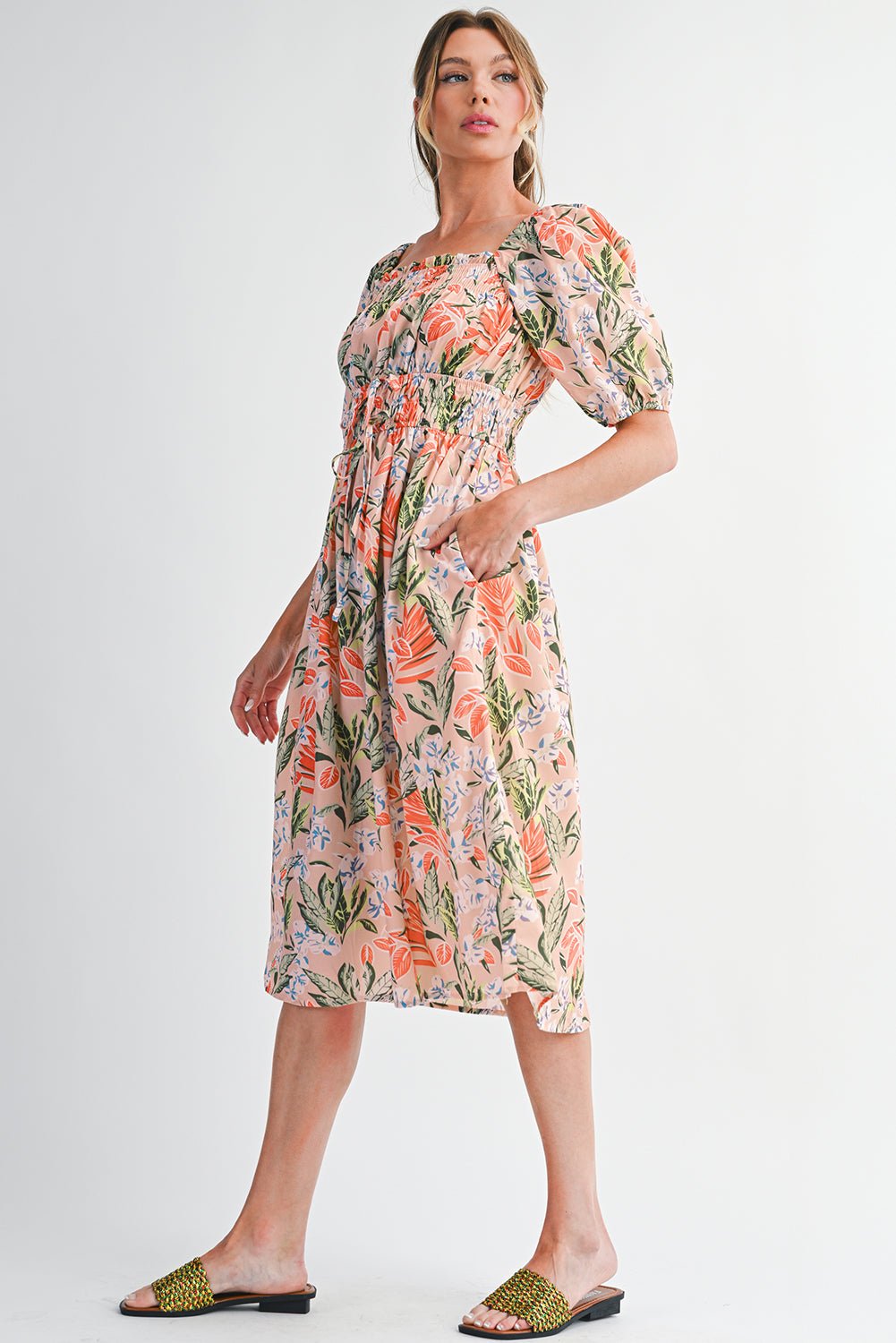 Apricot Pink Floral Knot Front Smocked Bubble Sleeve Dress - MAD RUFFI
