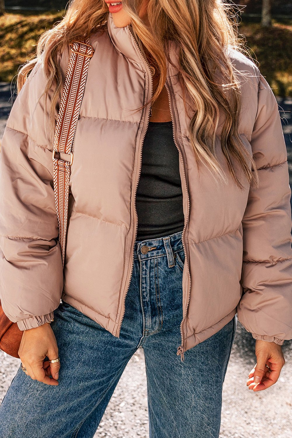 Apricot Pink Full Zipper Quilted Puffer Jacket - MAD RUFFI