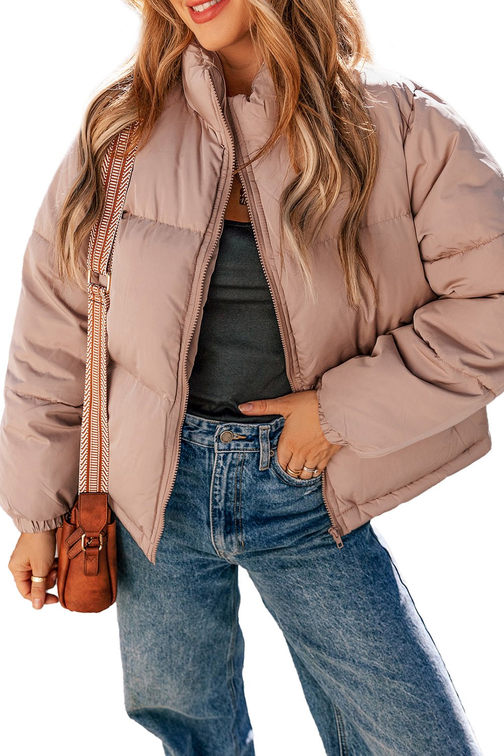 Apricot Pink Full Zipper Quilted Puffer Jacket - MAD RUFFI