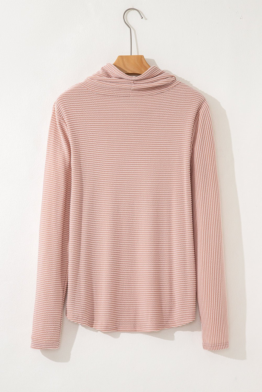 Apricot Pink Horizontal Twist Ribbed Drawstring Cowl Neck Knit Top - MAD RUFFI