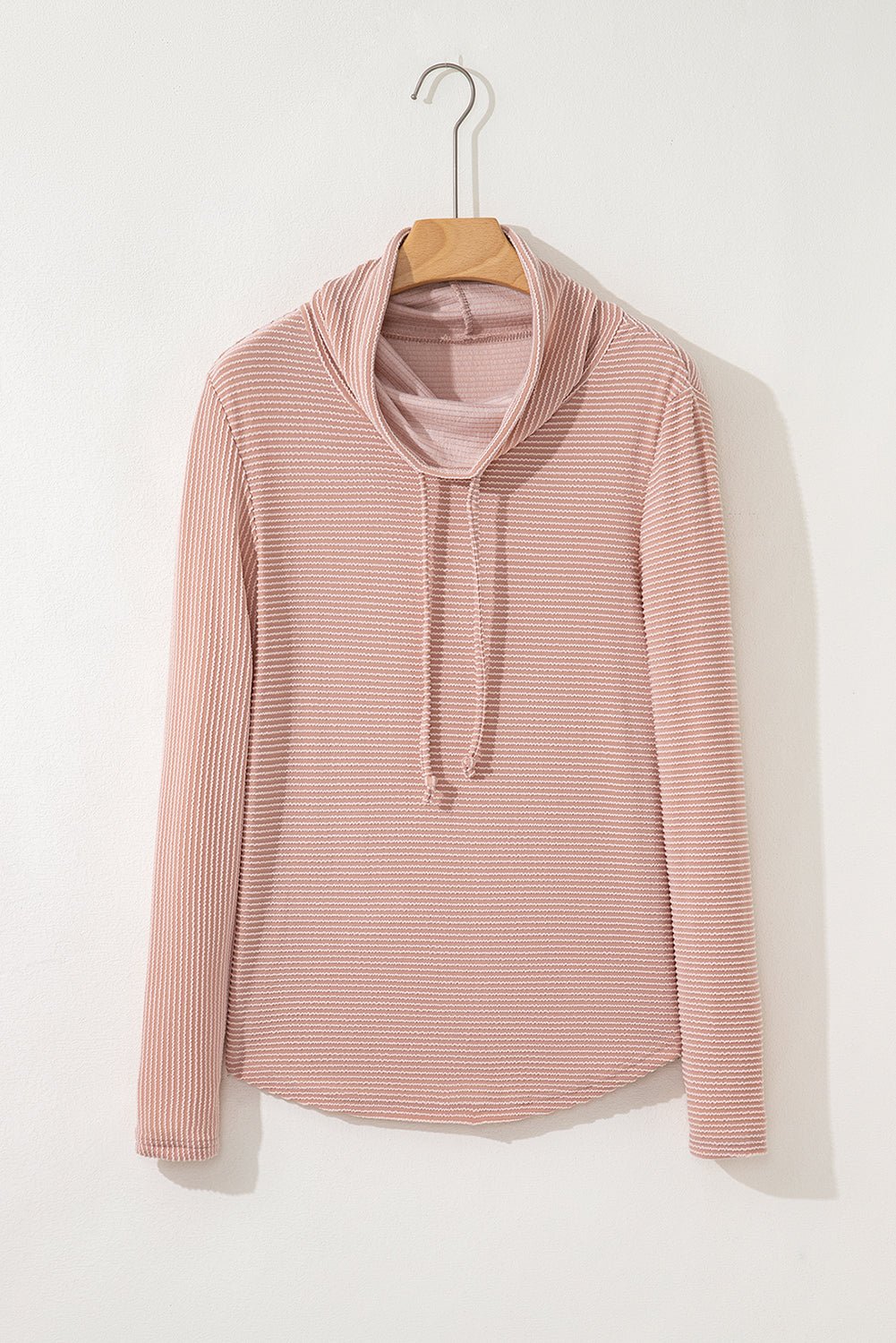 Apricot Pink Horizontal Twist Ribbed Drawstring Cowl Neck Knit Top - MAD RUFFI