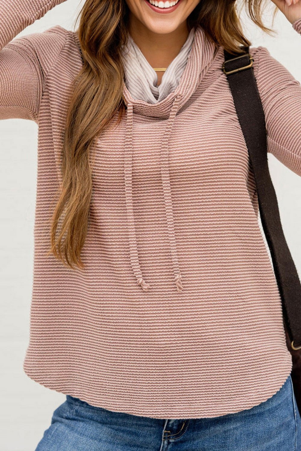 Apricot Pink Horizontal Twist Ribbed Drawstring Cowl Neck Knit Top - MAD RUFFI