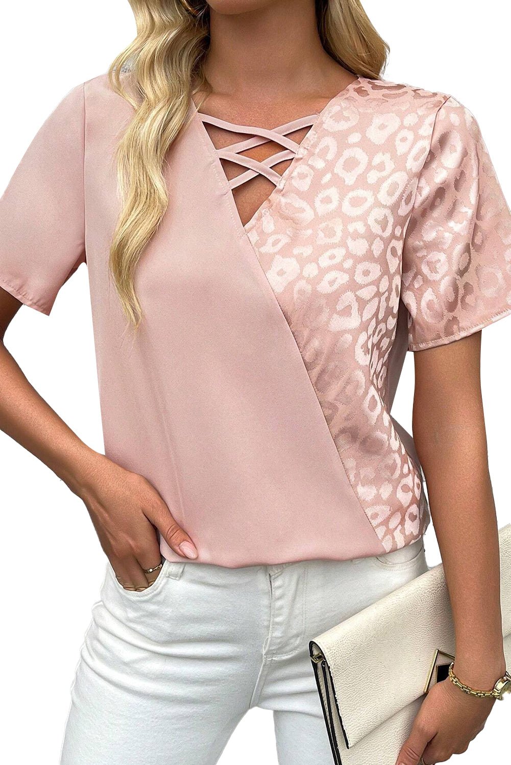 Apricot Pink Leopard Patchwork Cross Strappy V Neck Blouse - MAD RUFFI