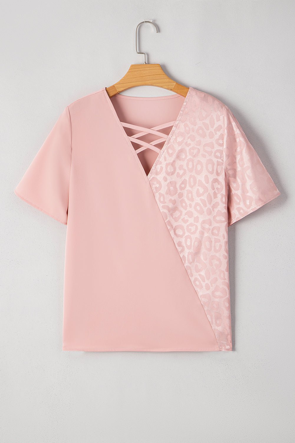 Apricot Pink Leopard Patchwork Cross Strappy V Neck Blouse - MAD RUFFI