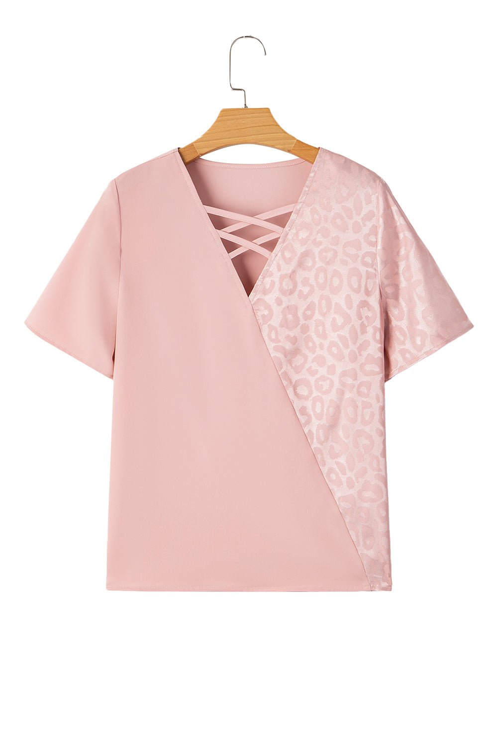 Apricot Pink Leopard Patchwork Cross Strappy V Neck Blouse - MAD RUFFI