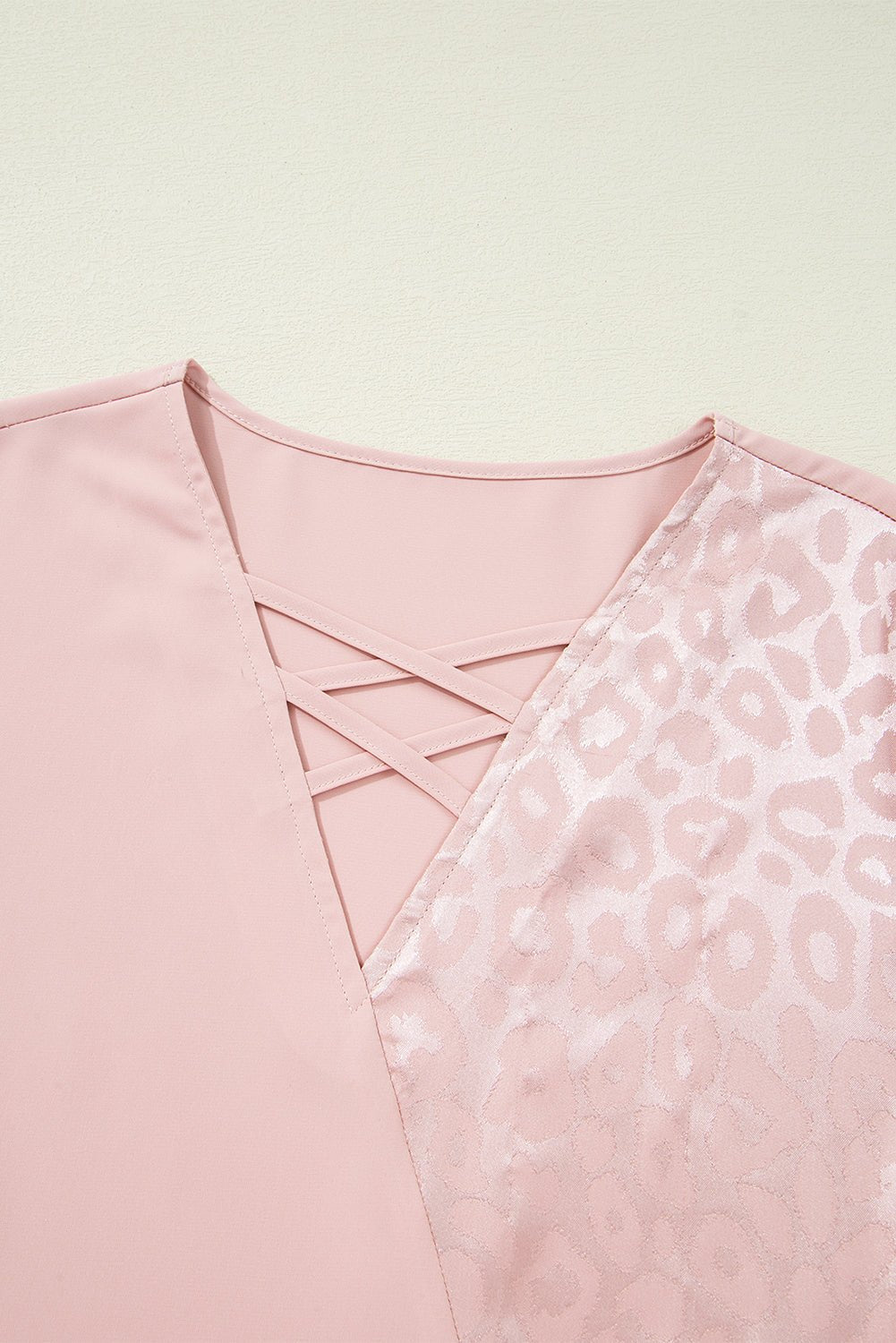 Apricot Pink Leopard Patchwork Cross Strappy V Neck Blouse - MAD RUFFI