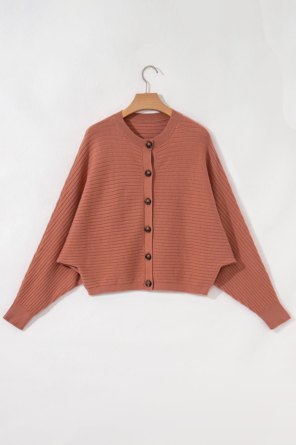 Apricot Pink Rib Knit Button Front Dolman Sleeve Cardigan - MAD RUFFI