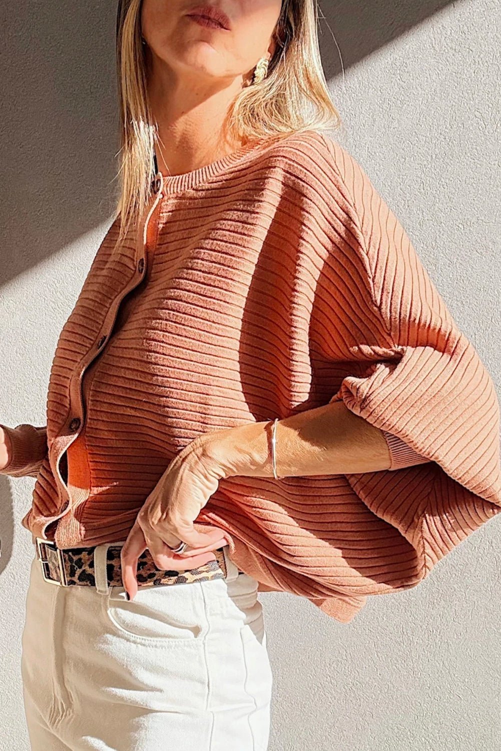 Apricot Pink Rib Knit Button Front Dolman Sleeve Cardigan - MAD RUFFI