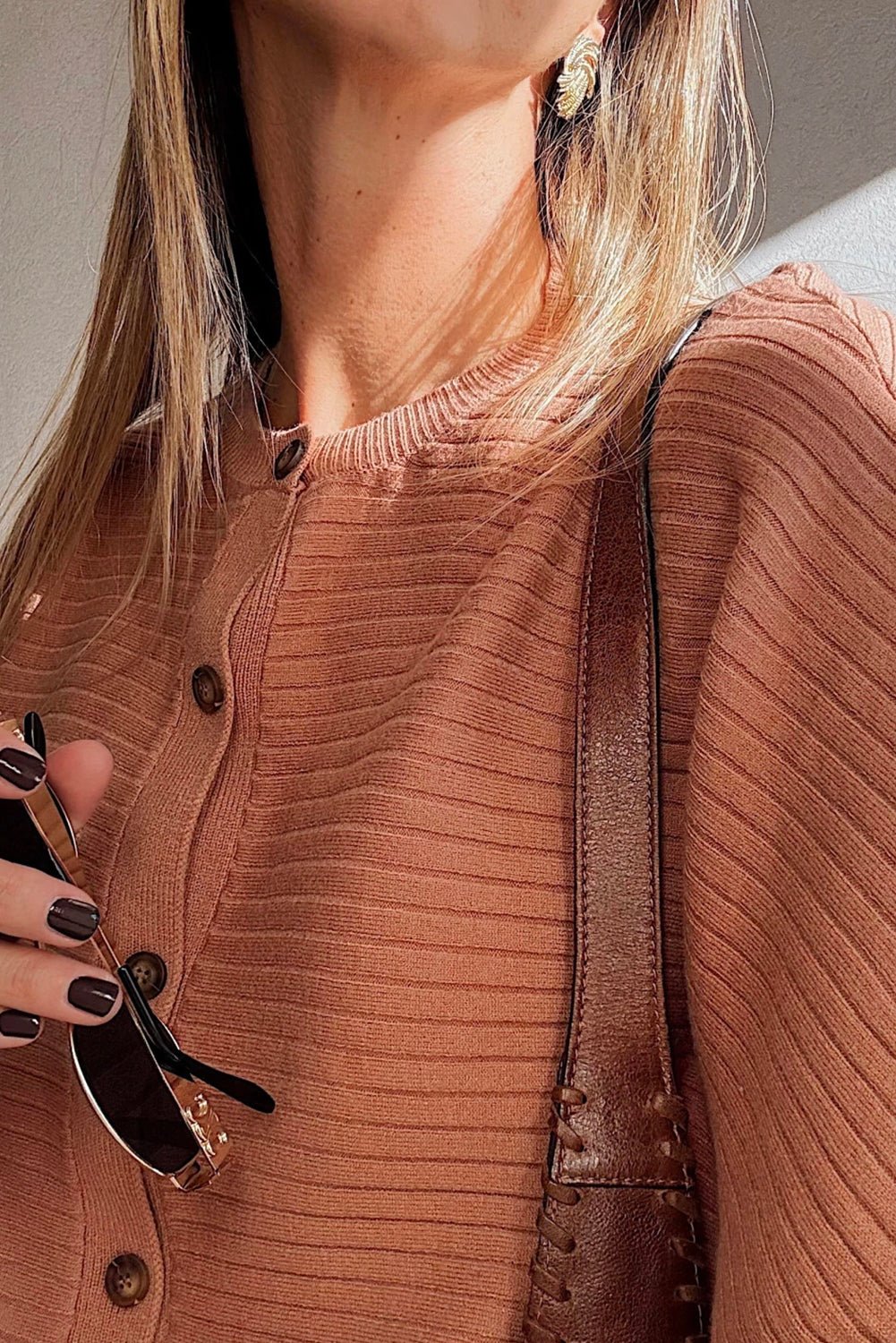 Apricot Pink Rib Knit Button Front Dolman Sleeve Cardigan - MAD RUFFI