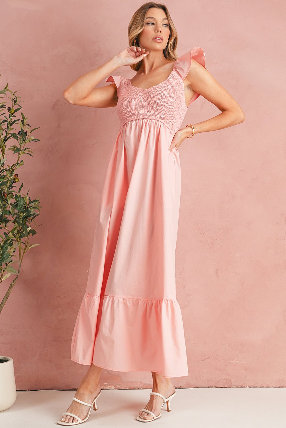 Apricot Pink V Neck Flutter Sleeve Smocked Bodice High Waist Ruffle Maxi  Dress