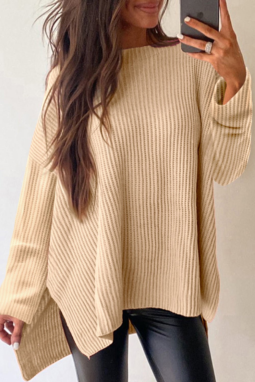 Apricot Plain Side Slits Oversized Sweater - MAD RUFFI