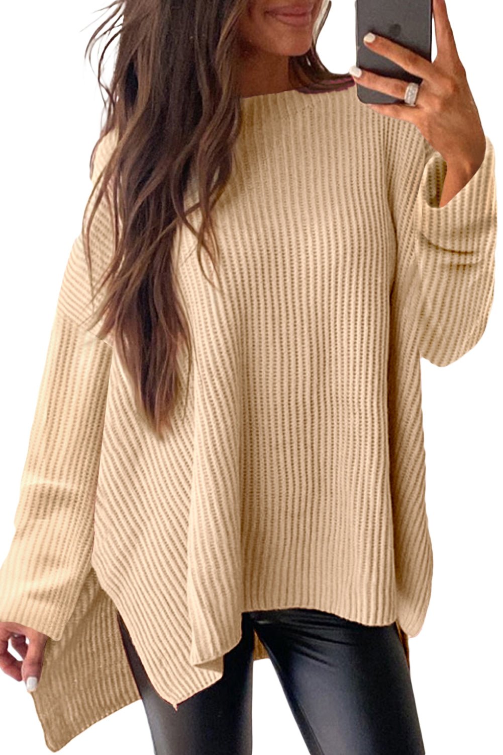 Apricot Plain Side Slits Oversized Sweater - MAD RUFFI