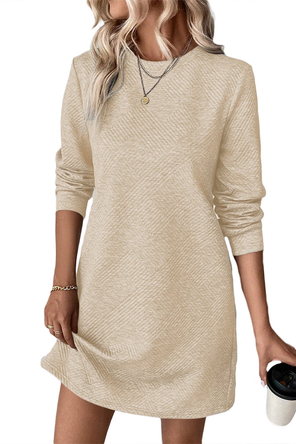 Apricot Plain Textured Long Sleeve Shift Short Dress - MAD RUFFI