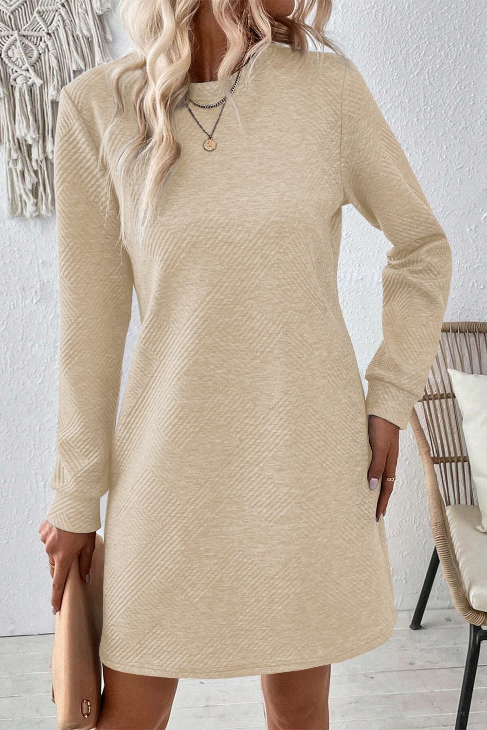 Apricot Plain Textured Long Sleeve Shift Short Dress - MAD RUFFI