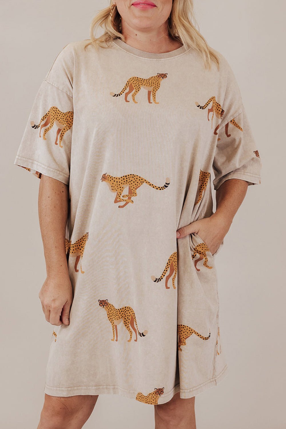 Apricot Plus Size Cheetah Print Side Pockets T Shirt Mini Dress - MAD RUFFI