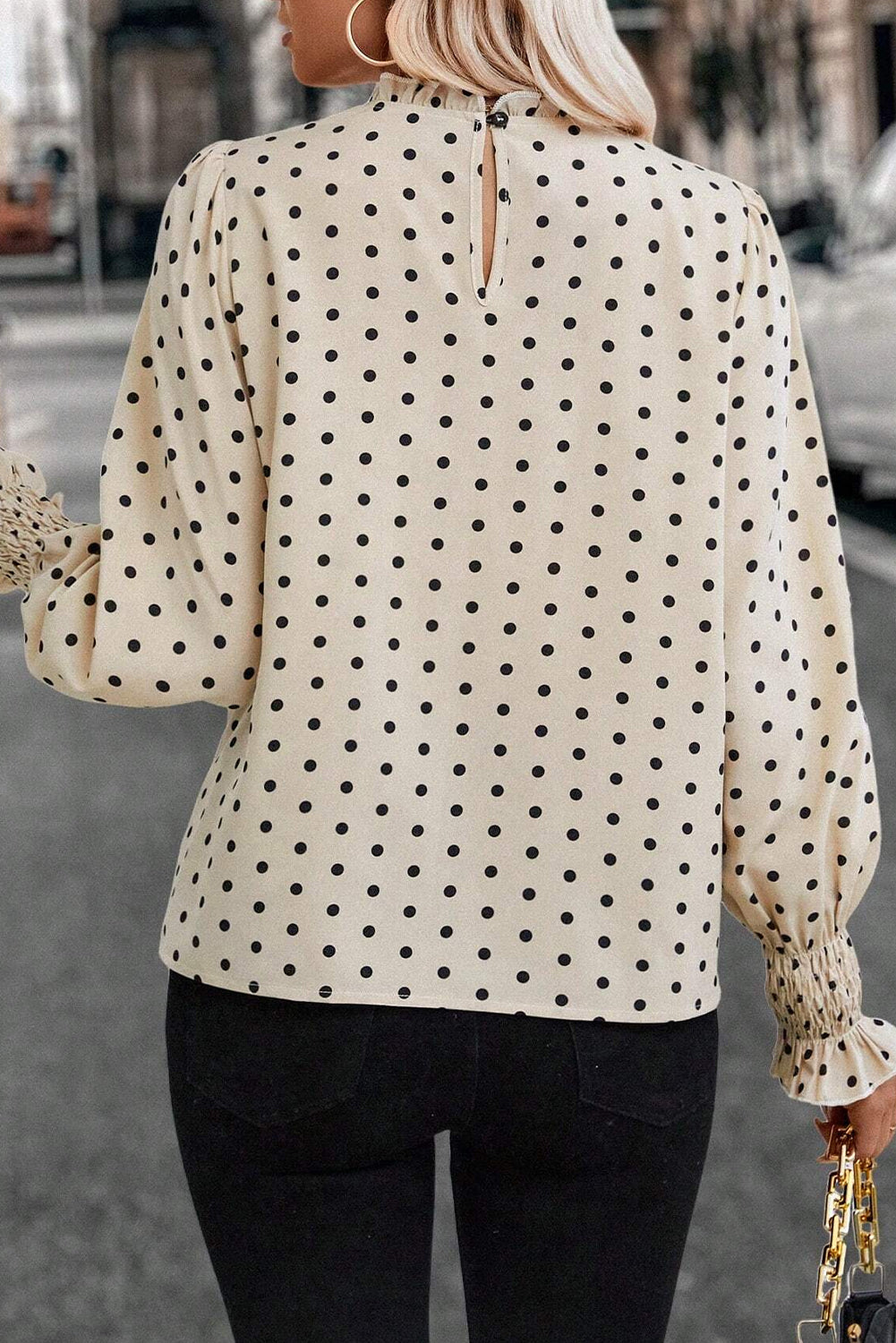 Apricot Polka Dot Print Frill Neck Smocked Lantern Sleeve Blouse | Boho Chic, Casual, Trendy, Women's Fashion, Summer Blouse, Elegant, Vintage-Inspired - MAD RUFFI