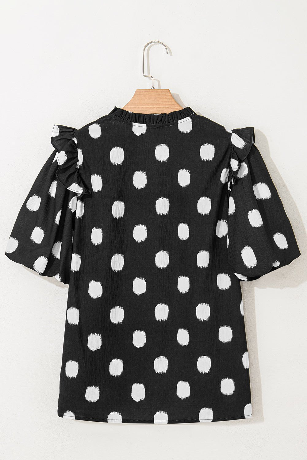 Apricot Polka Dot Print Smocked Notched Neck Balloon Sleeve Blouse - MAD RUFFI