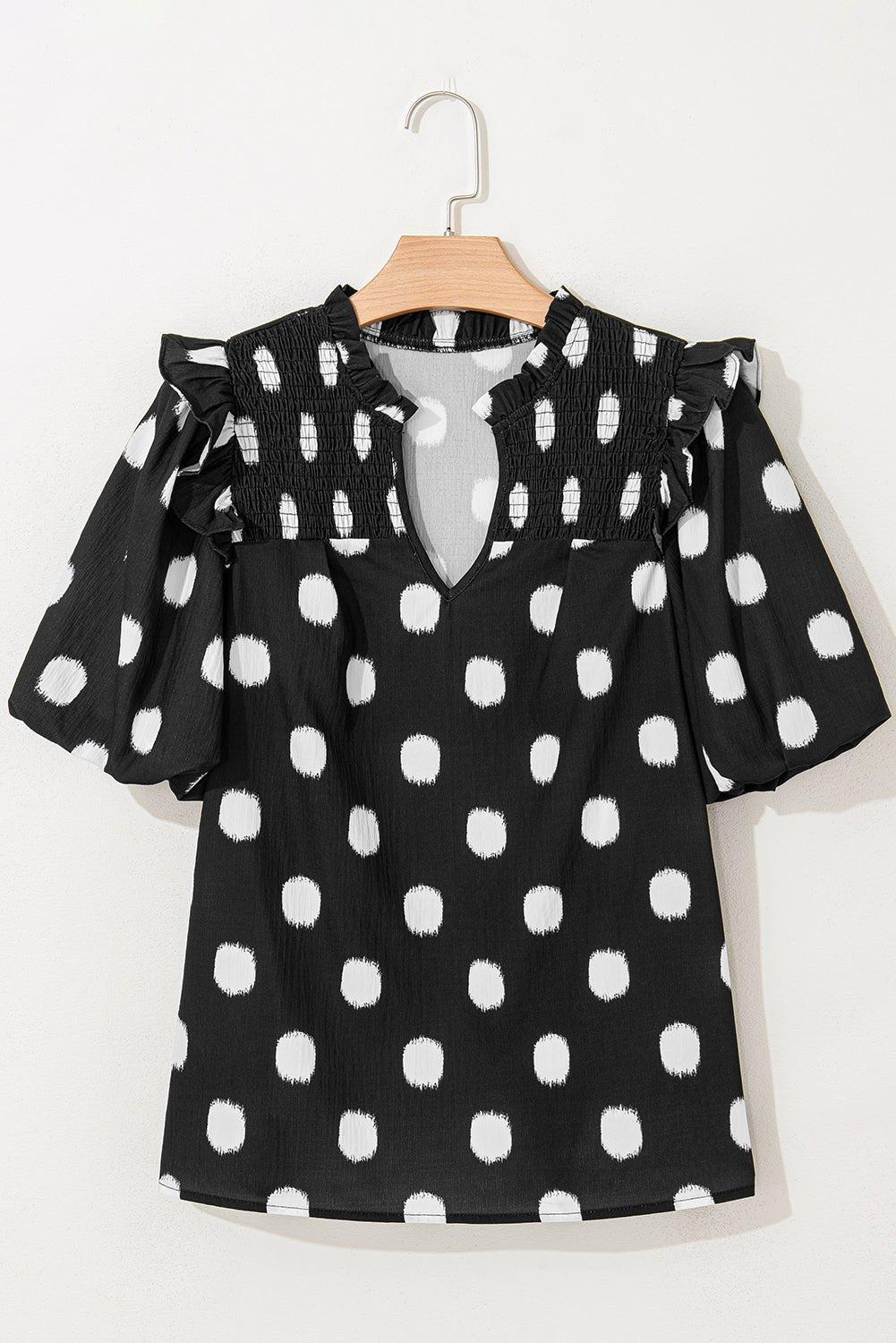 Apricot Polka Dot Print Smocked Notched Neck Balloon Sleeve Blouse - MAD RUFFI