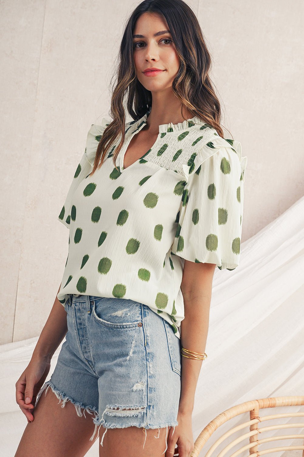 Apricot Polka Dot Print Smocked Notched Neck Balloon Sleeve Blouse - MAD RUFFI