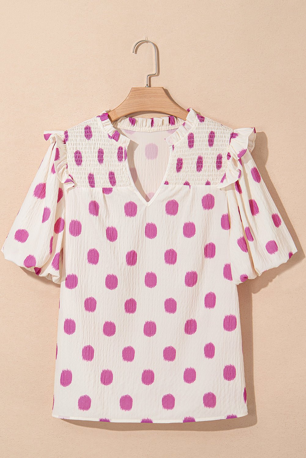 Apricot Polka Dot Print Smocked Notched Neck Balloon Sleeve Blouse - MAD RUFFI